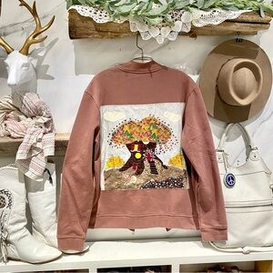 Artisan TREE patchwork wearable ART rustic back detailing on boho jacket sweater